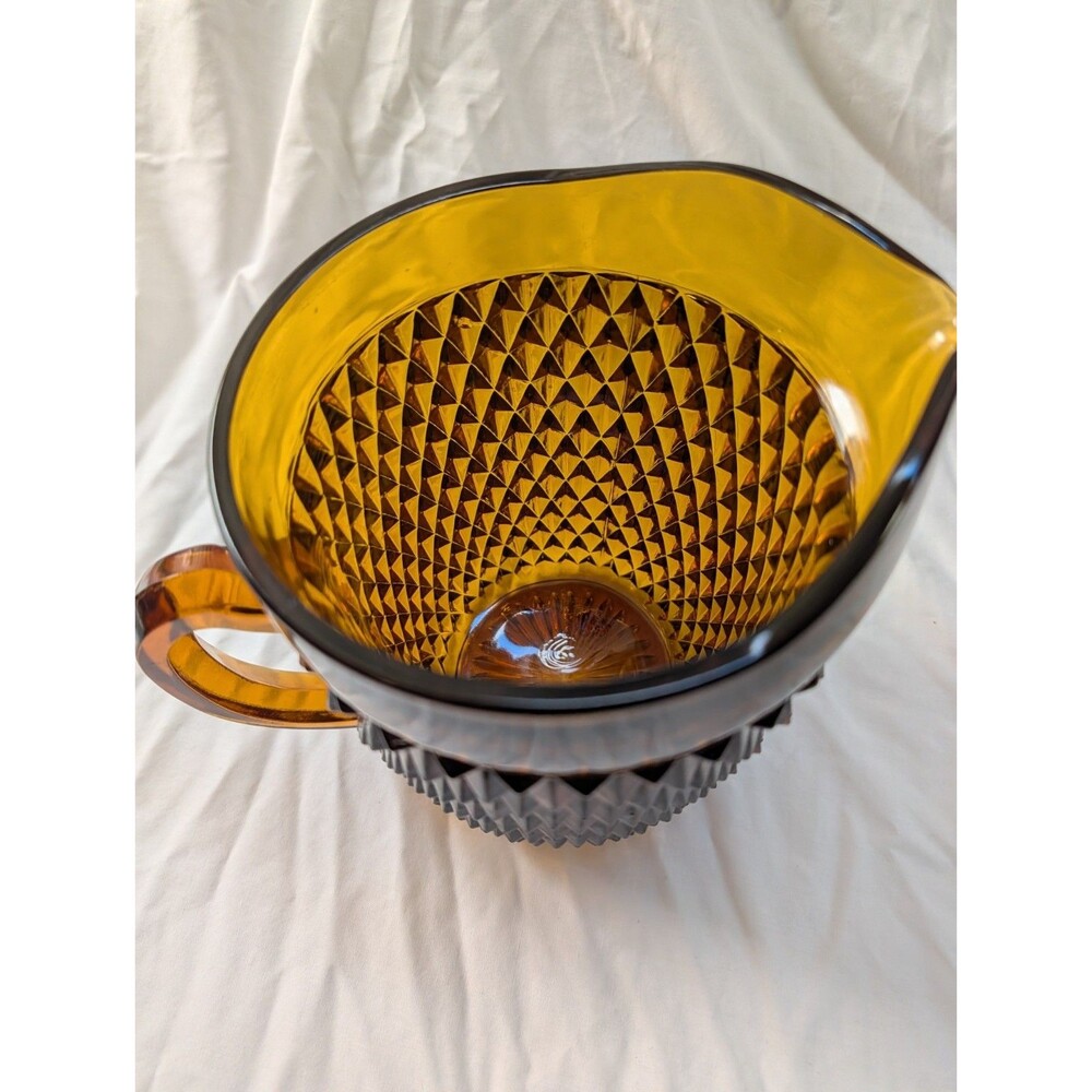 Vintage Amber Diamond Point Glass Pitcher Heavy Textured Retro MCM Style - Picture 3 of 5